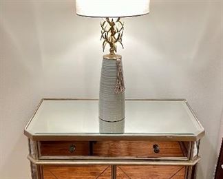 SOLD-Mirrored bedside table/cabinet. There are TWO avail.  The other has minor wear = $200. 32 x 16 x 32 LAMPS ARE SOLD! 