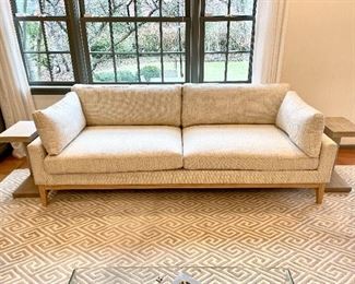 SOLD- Modern 2 cushion sofa in oatmeal fabric with light wood accent - 87x35x28.5. Purchased from The Rusted Chandelier; house brand, no manufacturer info present. PERFECT CONDITION! 