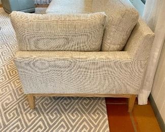 SOLD - Modern 2 cushion sofa in oatmeal fabric with light wood accent - 87x35x28.5. Purchased from The Rusted Chandelier; house brand, no manufacturer info present. PERFECT CONDITION! 