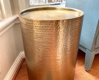 SOLD - Hammered gold side drum tables. 16" D x 21" H