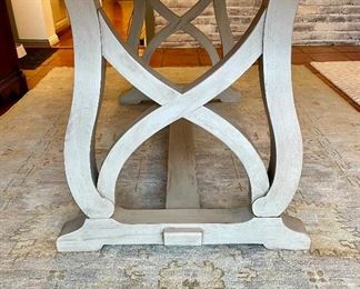 SOLD-Bassett Furniture trestle table. Light grey finish, hand stained. Solid wood. 79 x 40 x 30. Minor wear on top. 