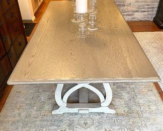 SOLD-Bassett Furniture trestle table. Light grey finish, hand stained. Solid wood. 79 x 40 x 30. Minor wear on top. 