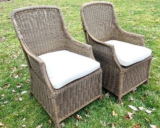 SOLD-Pottery Barn outdoor wicker all weather dining chairs and cushions. SET OF 6, includes Pottery Barn cushions. All needs a good cleaning; in great condition. 