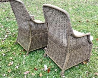 SOLD-Pottery Barn outdoor wicker all weather dining chairs and cushions. SET OF 6, includes Pottery Barn cushions. All needs a good cleaning; in great condition. 