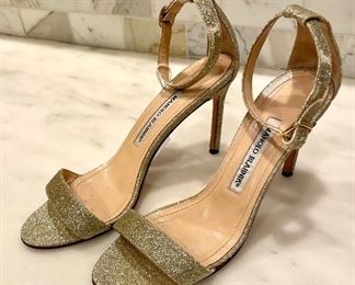 Manolo Blahnik Chaos Shimmery Sandals, Gold. Sells new at Bergdorf G for $372. Yours for $100. Ankle strap shows wear. Size 37.7 