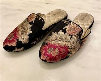 SOLD-Black Phoebe Slides in Floral Jacquard by Birdie. Size 8.. Very good condition! 
