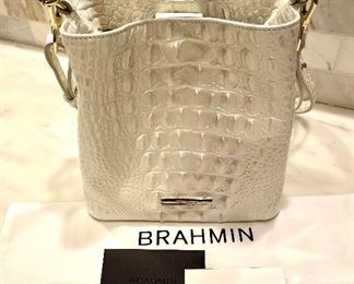 SOLD-Brahmin leather bucket bag. Sells new for $300. Shoulder strap, dust bag and care instructions included. 8 x 5.5 x 8 