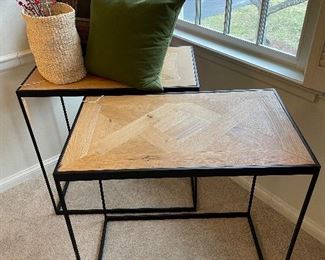 SOLD-2 Tables; TABLE 1 :Steel & Planked Wood table, minor water damage.   29" l x 18"w x 29"h                                   TABLE 2:  great condition. 29"l x 18"w x 29"h                                                    