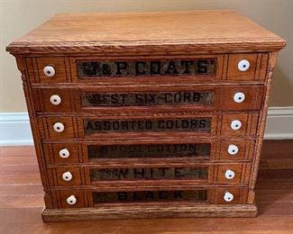 Vintage J&P Coat Spool Cabinet measures 24.5x17x20 inches. There is some vintage wear including scratch marks. 