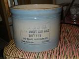 old stoneware advertising butter crock