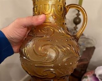 Vintage amber glass pitcher with cut glass patterns