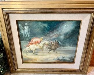 Four horsemen of the apocalypse.  Interesting end-times view with the blackened sun, Roman motif on left and broken pillars.  Italian school oil painting.