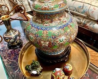 Champleve ginger jar with lion on top.  Notice the brass tray, the enamel foo dog trinket box, nesting cloisonne.