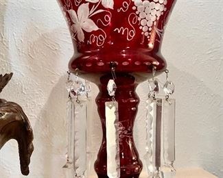 Pair of ruby etched crystal mantle lusters with long prisms.