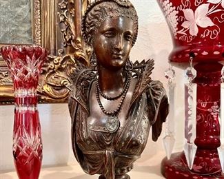 Old Elizabethan bronze.  Lovely lady with necklace.  The collar says it all!!!