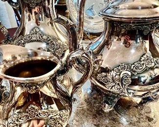 Wonderful tea set and large tray.  Note the detailed embellishments.  This is NOT a boring tea set.