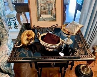 Drexel Heritage black lacquer Chinoiserie swing leg table....
