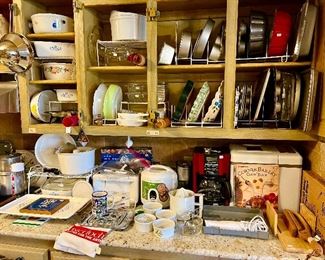Cornflower Corning ware. Lots of bakeware.  cookbooks, and more!