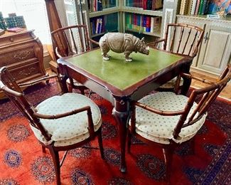 Amazing game table with 4 pull-out coasters, 4 bamboo chairs-think Maitland Smith.  One of my favs!