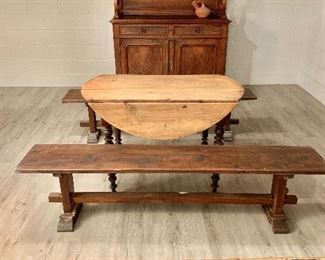 Vintage benches and vintage pine drop leaf table