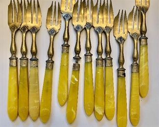 Vintage French Dessert Cheese Fruit Cocktail Forks Gilded Metal Yellow Handles