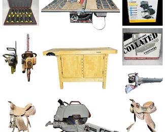 Vintage Canon 7S Film Camera, Zenza Bronica ETR Camera, LOTS of Knives, Delta Shopmaster BS100 Band Saw, Japanese Lustreware Tea Set, Vintage Hermes Baby Typewriter, White Gate Work Bench, Jewelry Pulse Welding Machine, Nikon N90s Film Camera, Toyo Omega View 45D Camera, Leather Saddles, Djembe Drum & More!