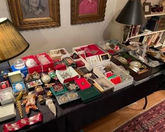 Table full of Christmas, some vintage - lots of Sterling ornaments. 