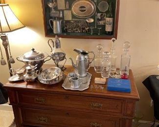 Nice decanter set, some plated pitchers and carafes  