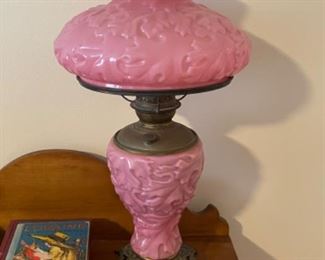 1950s Fenton Puffy Rose White Satin Cased Cranberry glass lamp