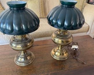 Vintage Brass Hurricane Lamps with Me;on Hunter Green glass shade, brass base 18 ½”