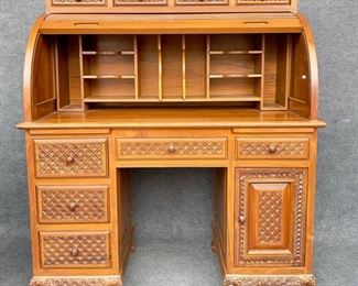 20th century Hand Carved Solid Wood Secretary Desk