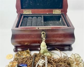 Vintage Costume Jewelry Lot & Wooden Jewelry Box
