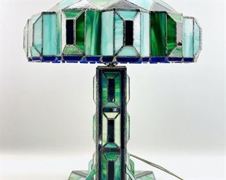 Fantastic Tiffany Style Stained Leaded Green Art Glass Table Lamp 