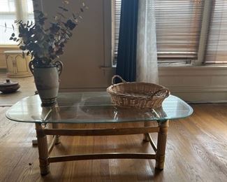 Glass coffee table, pictured with decor also for sale