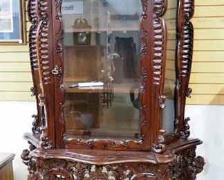 Cherry China Cabinet With Carved Wood Floral And Shell Design, 3 Shelves, Includes Key, Remote Controlled Lights