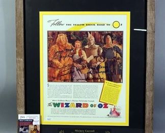 Wizard Of Oz Promotional Poster, Signed By Munchkin Actors Mickey Carroll, Jerry Maren, And Karl Slover, With JSA Card And Sticker, Framed Under Glass