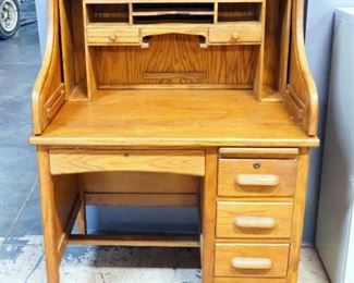 Roll Top Desk With 4 Lower Drawers, Pullout Writing Tray, No Key, 50.75" H x 36" W x 26" D