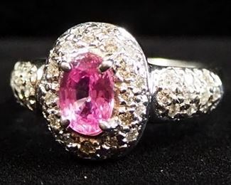 18K White Gold Ring With Clear And Pink Stones, Possibly Diamonds And Sapphire, Size 6-1/2, Approx 5.51 g Total Weight Including Stones