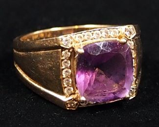 14K Gold Ring With Clear And Purple Stone, Possibly Amethyst And Diamonds, Size 10-1/4, Approx 10.49 g Total Weight Including Stones