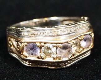 14K Gold Ring With Clear And Purple Stones, Possibly Diamonds And Iolite, Size 8-1/2, Approx 7.18 g Total Weight Including Stones