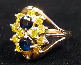 14K Gold Ring With Blue And Yellow Stones, Possibly Sapphires And Diamonds, Size 6-1/4, Approx 5.28 g Total Weight Including Stones