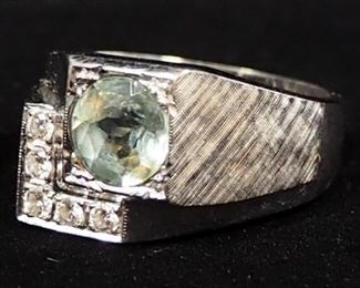 14K White Gold Ring With Blue And Clear Stones, Possibly Aquamarine And Diamonds, Size 10-1/4, Approx 10.58 g Total Weight Including Stone