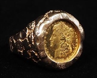 14K Gold Ring With Gold Toned 1964 Morgan One Dollar Coin Replica, Size 10-1/2, Approx 13.75 g Total Weight Including Coin