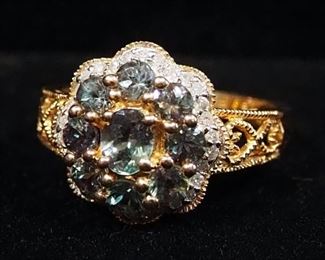14K Gold Ring With Clear And Green Stones, Possibly Diamonds And Alexandrite, Size 6-1/2, Approx 3.46 g Total Weight Including Stones