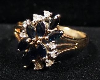 14K Gold Ring With Clear And Blue Stones, Possibly Diamonds And Sapphires, Size 6-1/4, Approx 2.95 g Total Weight Including Stone