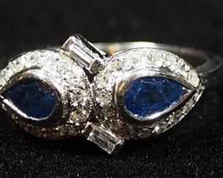Platinum Ring With Clear And Blue Stones, Possibly Diamonds And Sapphires, Size 6, Approx 3.21 g Total Weight Including Stones