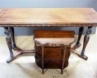 Antique Table With Carved Wood Edging, 30" H x 60" W x 20" D, And 3 Shelf Wall Table, 24" H x 21" W x 11.5" D