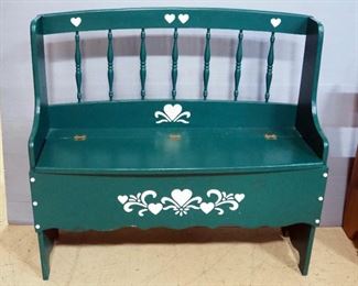 Benches With Hinged Seats For Storage, Qty 2, Both With Heart Designs, 36" H x 37.5" W x 13" D And 28" H x 37.5" W x 12.5" D