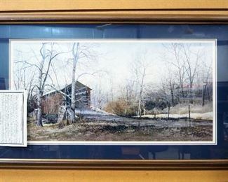 Ray Hendershot (American, 1931-2019) Print Of Kissin' Bridge, Framed Double Matted Under Glass, 39.5" H x 23.75" W, With Artist Bio