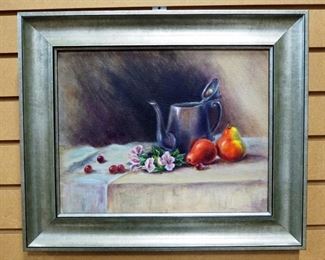 Original Still Life Painting On Canvas, By Sue Paul Bergman After Liliedahl, Framed, 18.25" W x 15.25" H